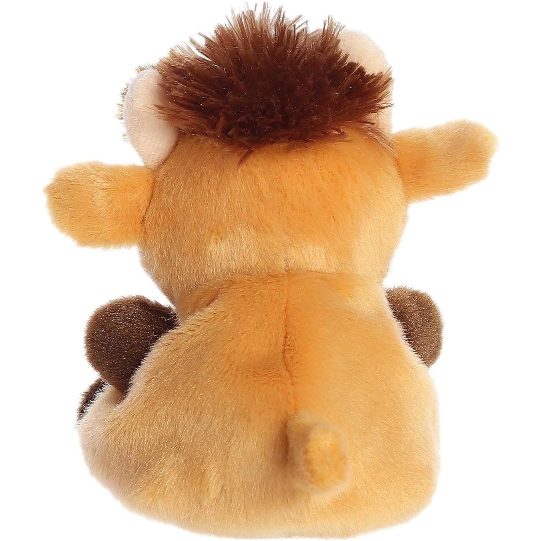 Rear view thumbnail of the Aurora highland cow stuffed toy displaying its smooth tan plush back, fluffy head tuft from behind, and little tail.