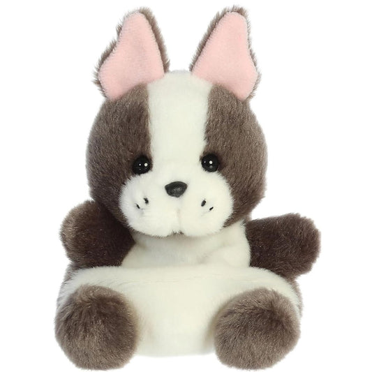 Straight-on front view of the soft Palm Pals Frenchie plush featuring perky pink-lined ears and a sweet face.