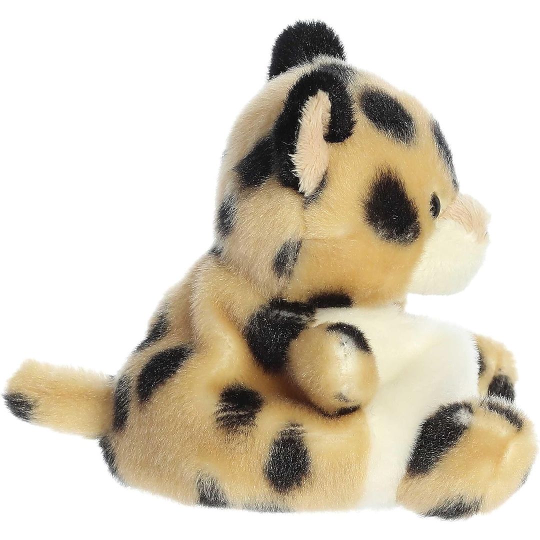 Side profile view thumbnail of the mini cheetah plush showcasing its rounded back, spotted tail, and soft seated posture.