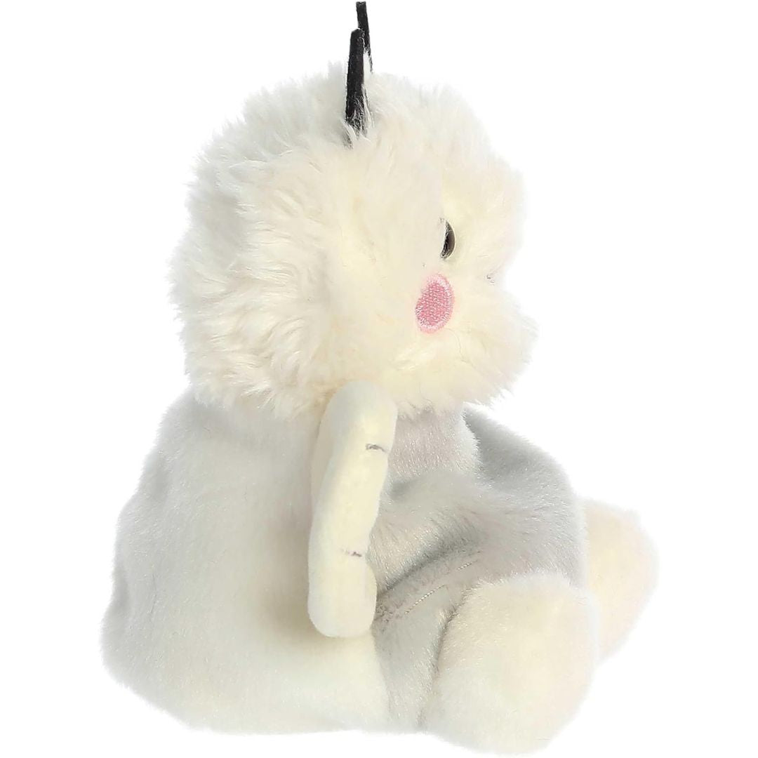 Side profile view thumbnail of the mini moth plush showcasing its plush white head ruff, gray profile, and single extended spotted wing.