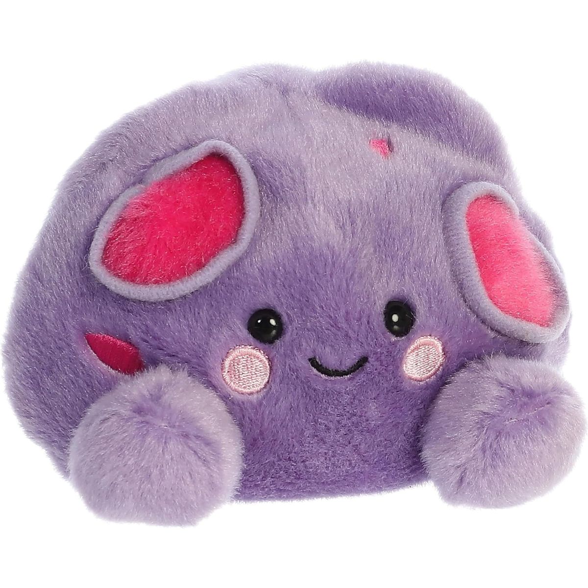 Aurora 5-inch Palm Pals Cal Meteor plush toy showing its rounded purple body, two bright hot-pink craters, small purple plush feet, and a sweet smiling face.