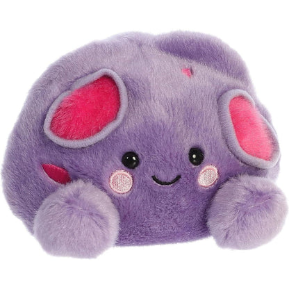 Aurora 5-inch Palm Pals Cal Meteor plush toy showing its rounded purple body, two bright hot-pink craters, small purple plush feet, and a sweet smiling face.