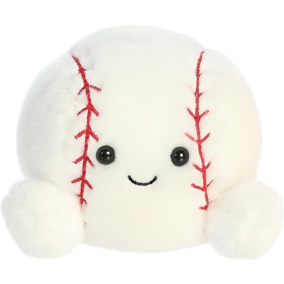 Front view of the Aurora Palm Pals 5-inch Slugger Baseball plush sitting upright, showing its white plush, red stitching, and sweet face.