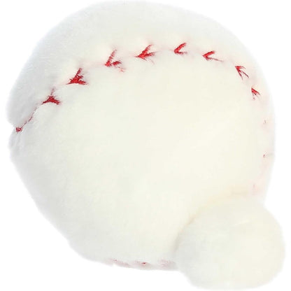 Side profile view of the Palm Pals Baseball plush highlighting its perfectly squishy round body and curved red embroidered stitching.