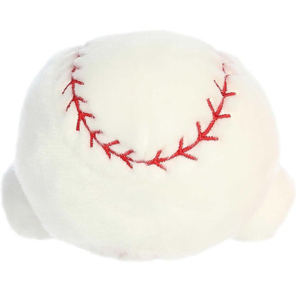 Back view of the Aurora Palm Pals Baseball plush toy showing the continuous red stitched line details on the solid white plush back.