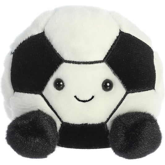 Front view of the adorable Aurora Striker Soccer Ball stuffed animal featuring a sweet smile, dark eyes, and classic black geometric panels.
