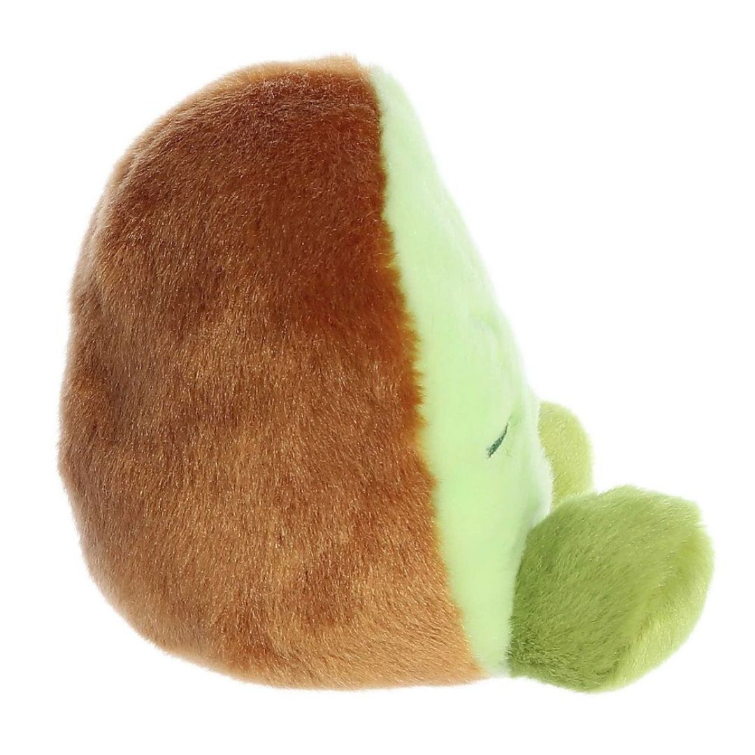 Side profile thumbnail of the mini kiwi plush showcasing its rounded brown backing, side depth, and light green face edge.