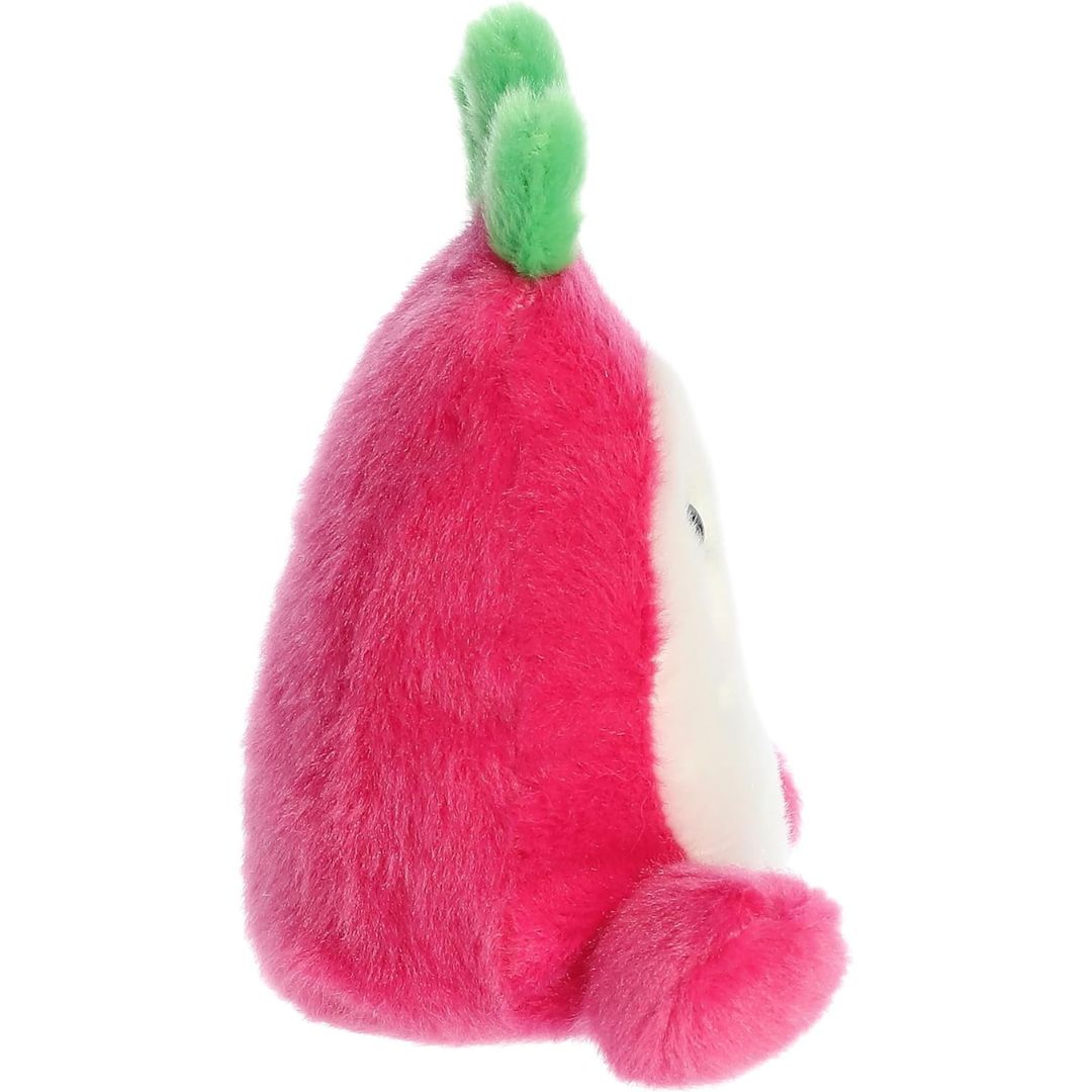 Side profile thumbnail of the mini dragon fruit plush showcasing its tapered body depth, hot pink backing, and green crown.