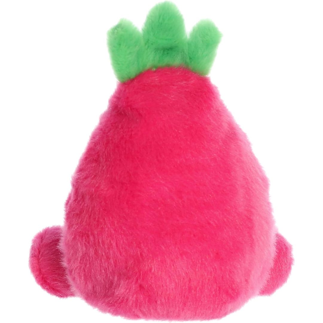 Rear view thumbnail of the Aurora dragon fruit stuffed toy displaying its smooth, solid magenta pink plush backing and green leaves.