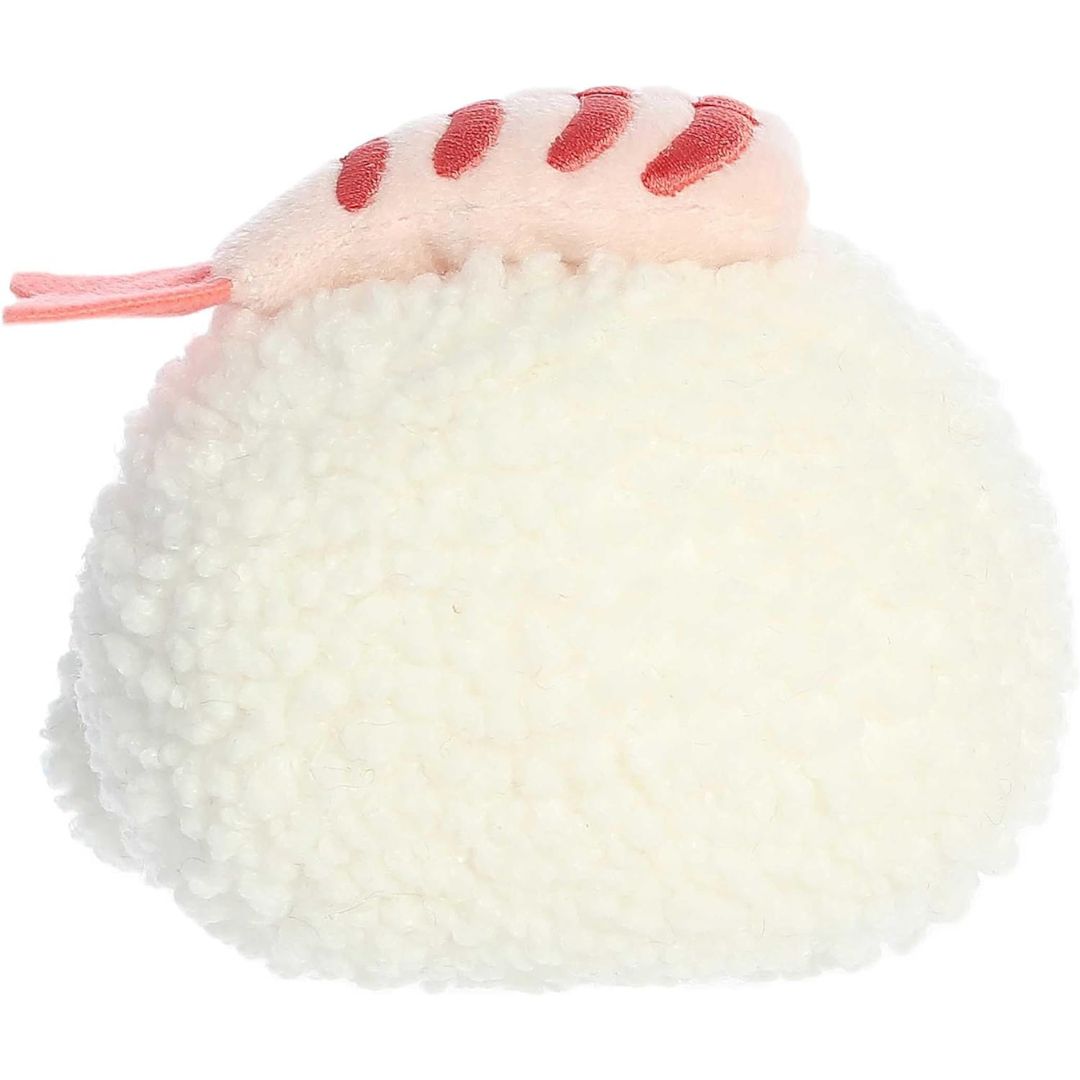 Rear view thumbnail of the Aurora sushi stuffed toy displaying its smooth, solid textured white plush backing and the split pink shrimp tail.