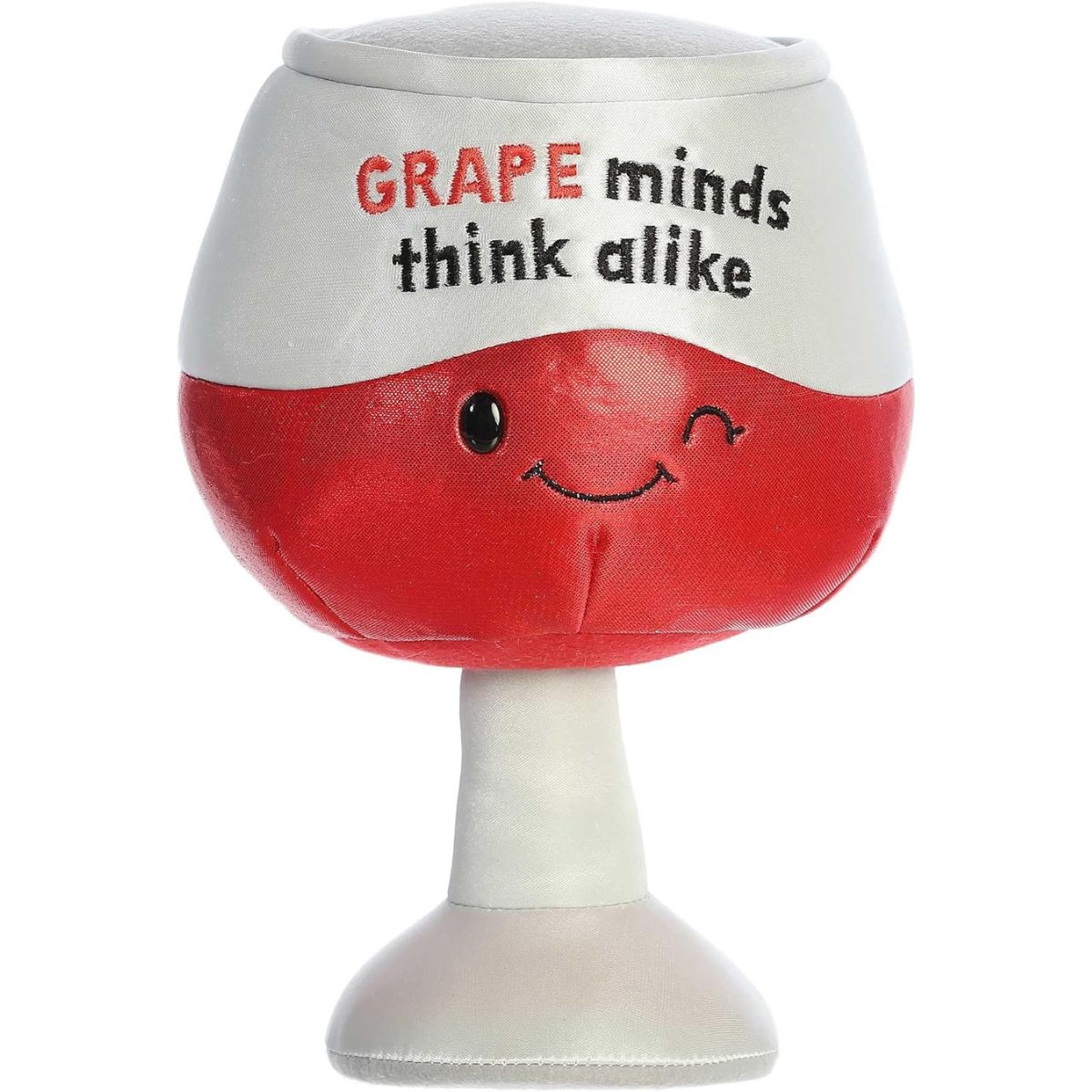 Front view of the Aurora plush wine glass showing the embroidered pun Grape minds think alike and plush stem.