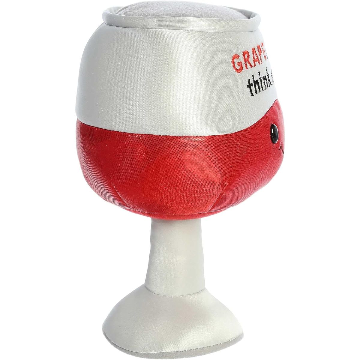 Side profile of the 10-inch red wine glass plush toy highlighting its squishy body and soft base.