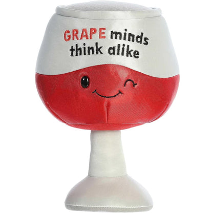 Aurora Just Sayin Grape Minds Think Alike plush red wine glass with a winking face on a white background.