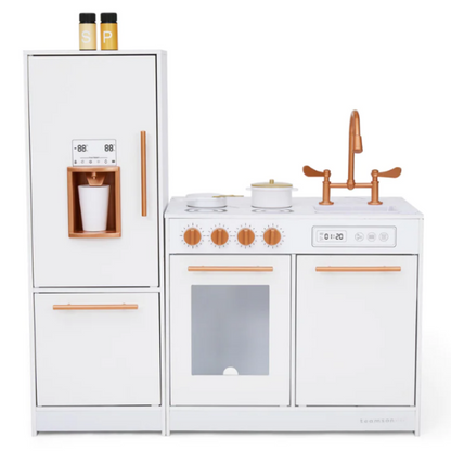 Little Chef Milano Two-Piece Modular Modern Delight Play Kitchen with Cooking Accessories, Faux Marble Finish, & Rose Gold Hardware, White