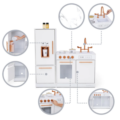 Little Chef Milano Two-Piece Modular Modern Delight Play Kitchen with Cooking Accessories, Faux Marble Finish, & Rose Gold Hardware, White