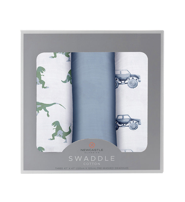 Retail window box packaging for the Newcastle Classics 3-pack cotton swaddle set in Rough Terrain.