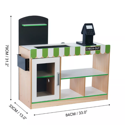 Teamson Kids Cashier Austin Play Market Checkout Counter with 26 Accessories, Green/Natural