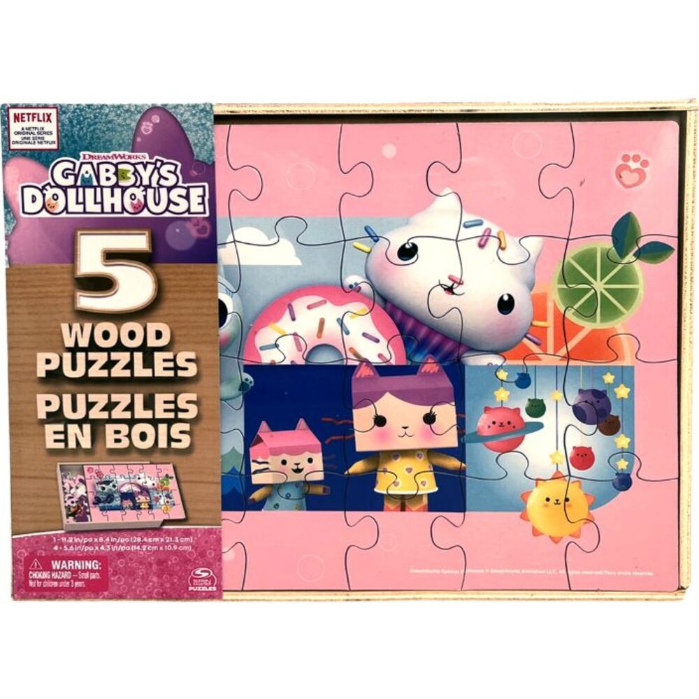 Gabby's Dollhouse 5 Pack Wood Puzzles with Wooden Storage Box