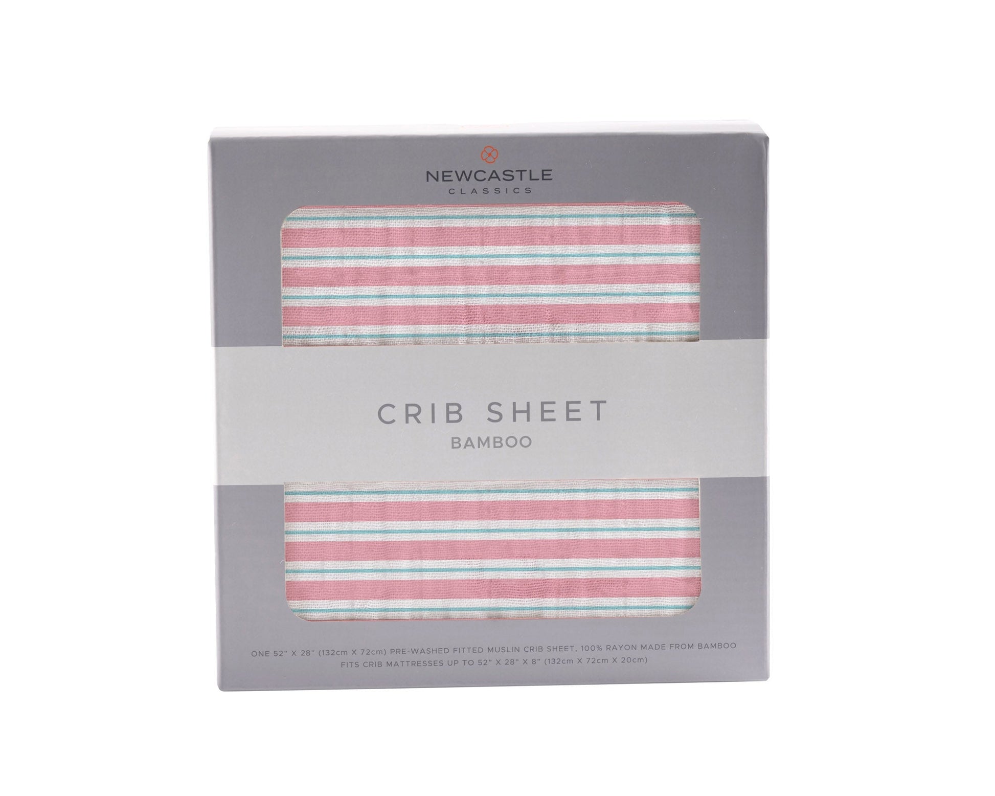 Front view of the retail packaging for the Newcastle Classics 100% natural bamboo crib sheet in Candy Stripe.