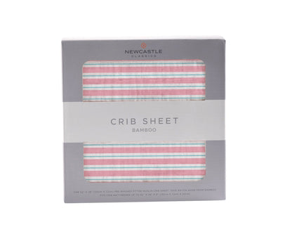Front view of the retail packaging for the Newcastle Classics 100% natural bamboo crib sheet in Candy Stripe.