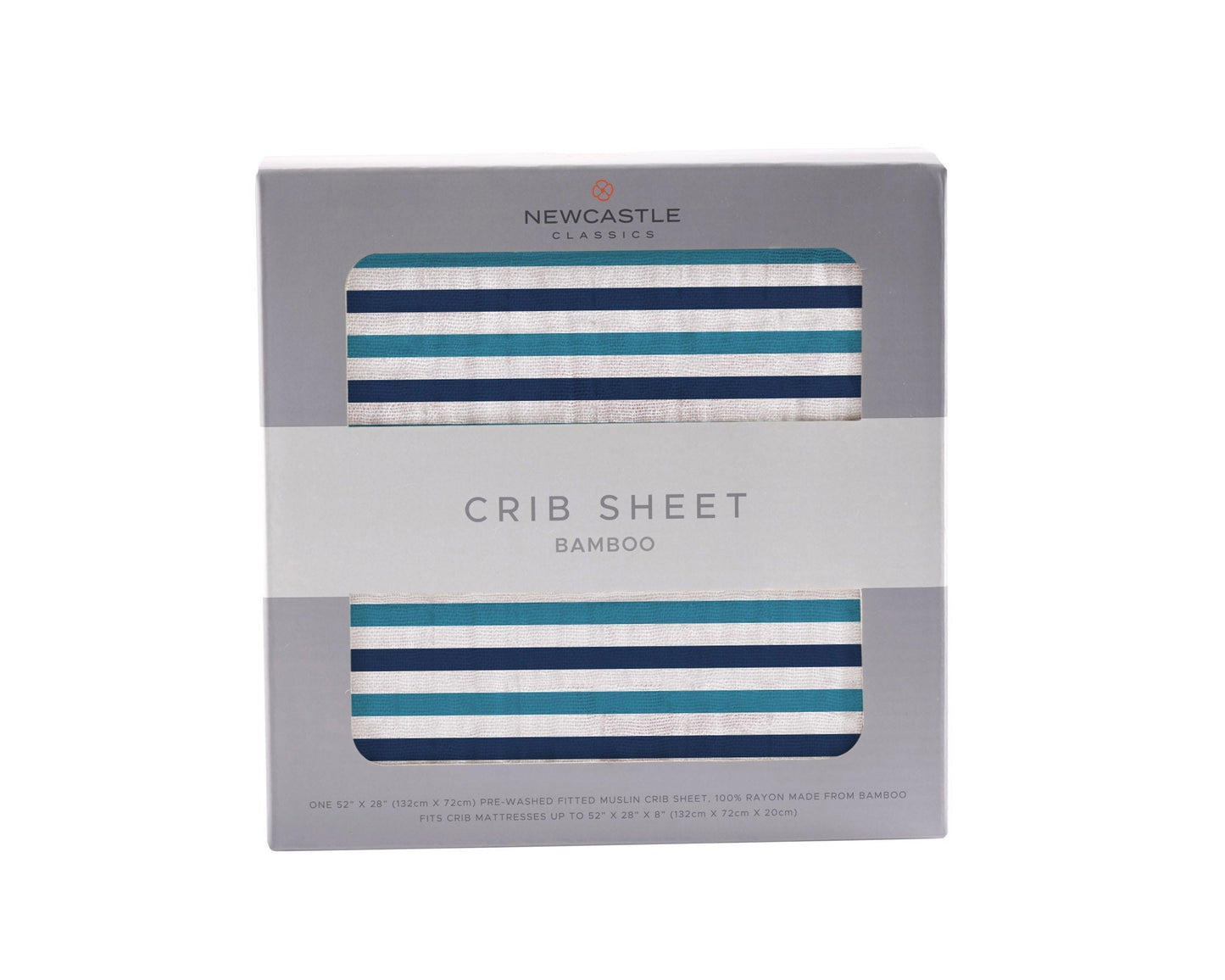 Retail packaging for the Newcastle Classics 100% natural bamboo crib sheet in Ultimate Road Trip stripe.