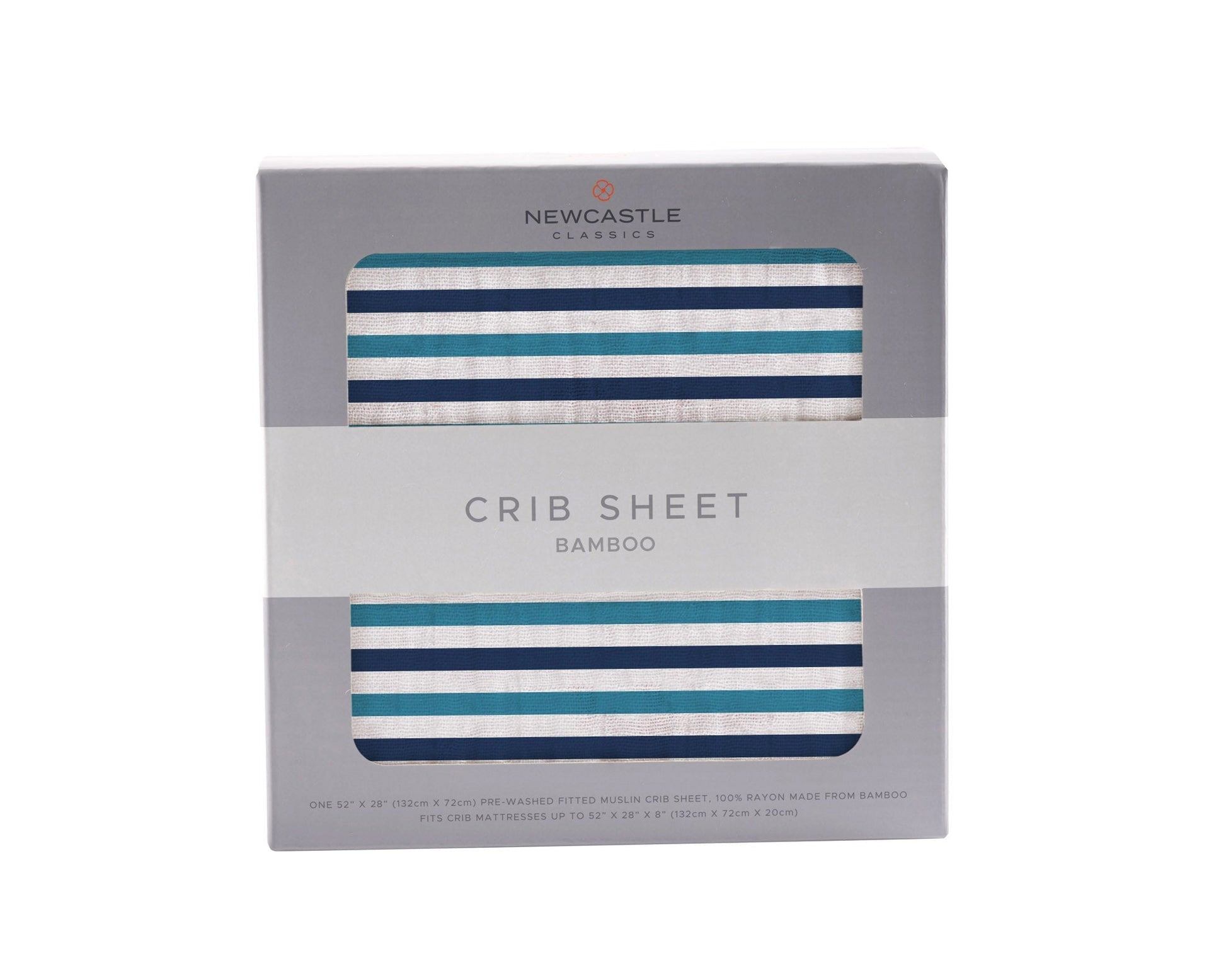Retail packaging for the Newcastle Classics 100% natural bamboo crib sheet in Ultimate Road Trip stripe.