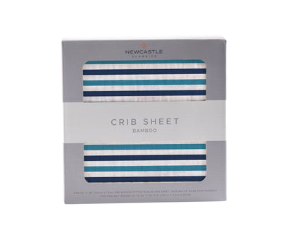 Retail packaging for the Newcastle Classics 100% natural bamboo crib sheet in Ultimate Road Trip stripe.