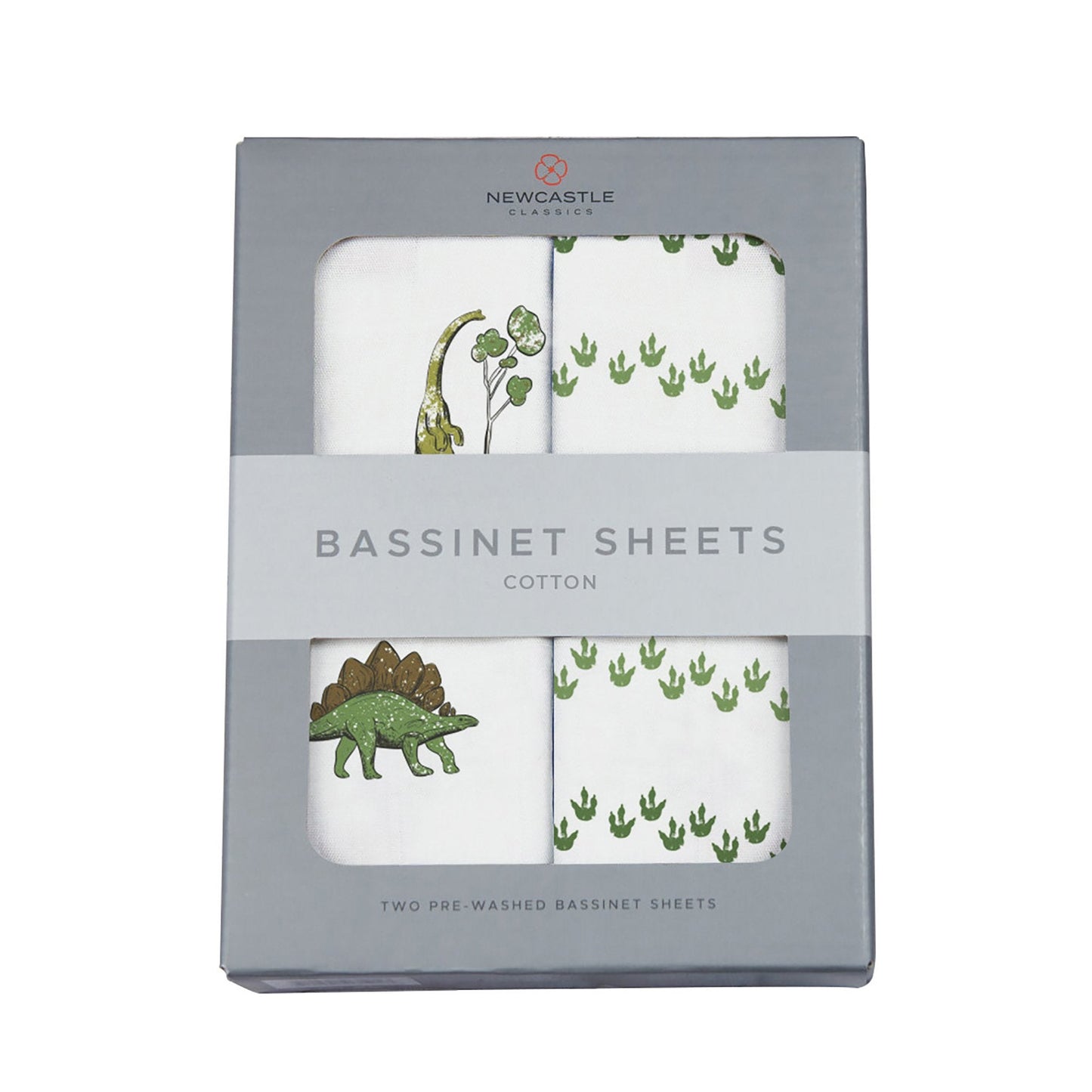 Front view of the grey retail window box packaging for the Newcastle Classics 100% natural cotton muslin bassinet sheets set.