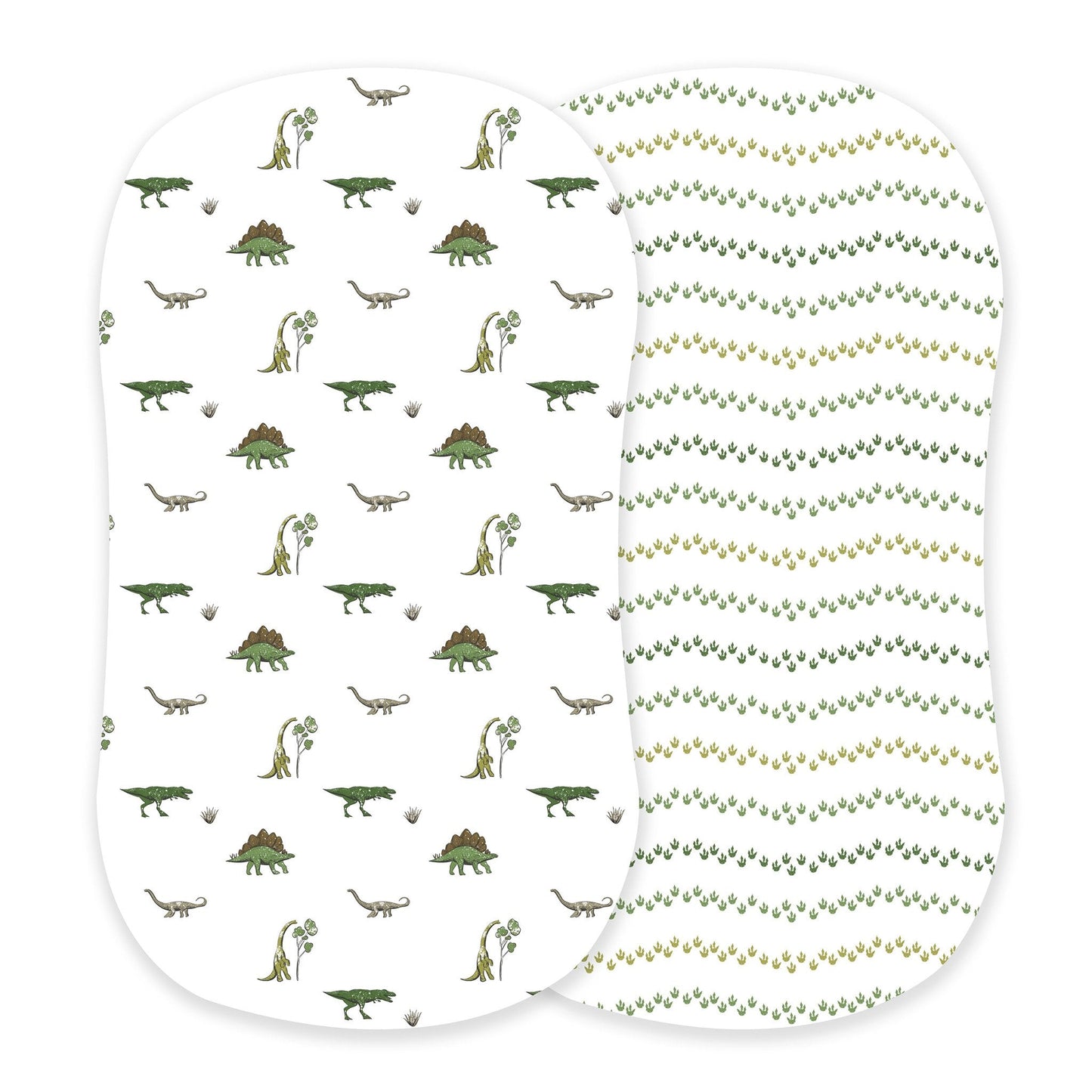 Newcastle Classics two-pack cotton bassinet sheets showcasing the Dino Days dinosaur scene print and green Dino Feet tracks print side-by-side.