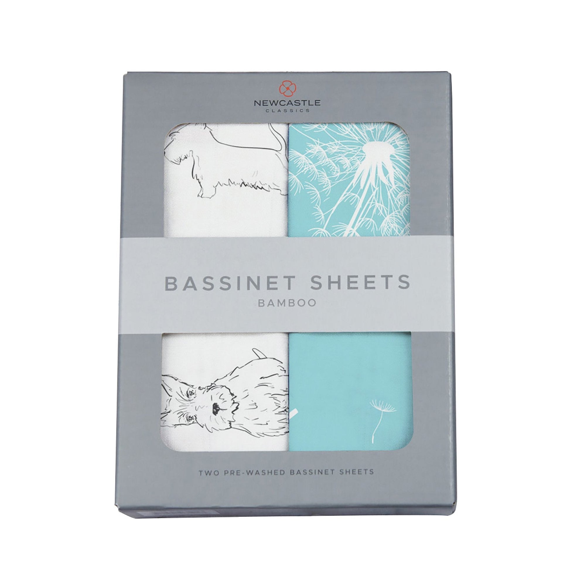 Retail window box packaging for the Newcastle Classics 100% natural bamboo bassinet sheets set.