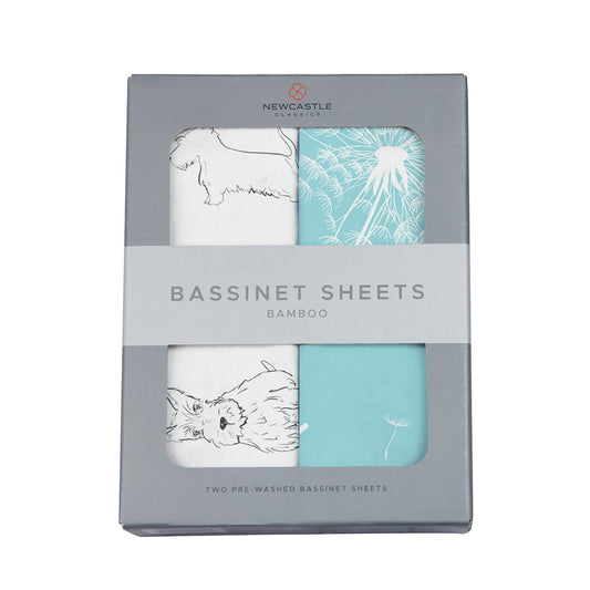Retail window box packaging for the Newcastle Classics 100% natural bamboo bassinet sheets set.