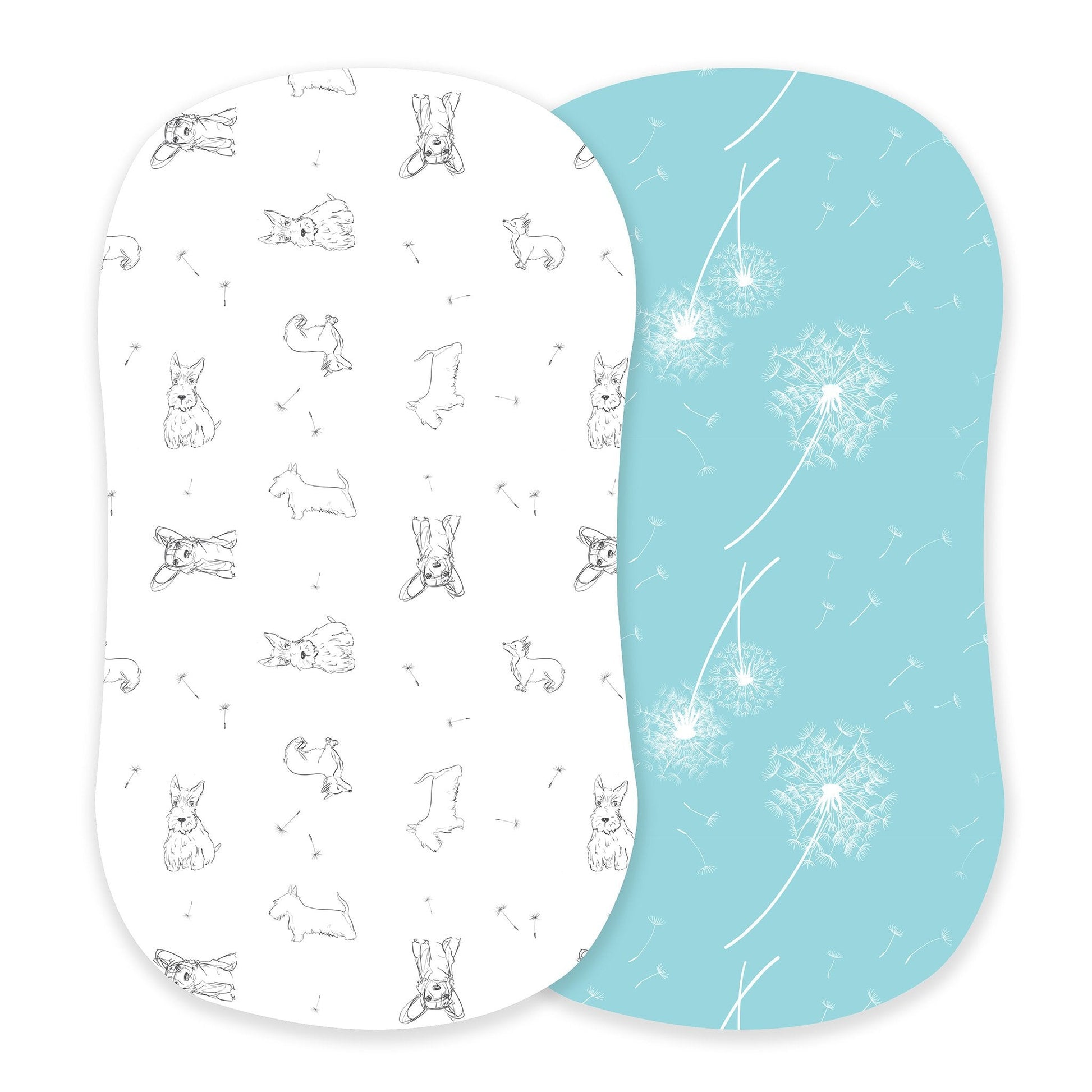 Newcastle Classics two-pack bamboo bassinet sheets showcasing the white Corgi puppy print and aqua blue dandelion print side-by-side.