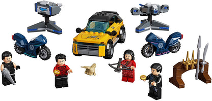 The fully built 321-piece LEGO Shang-Chi Escape from The Ten Rings set showing the characters interacting with the car, motorcycles, and weapon rack against a white background.
