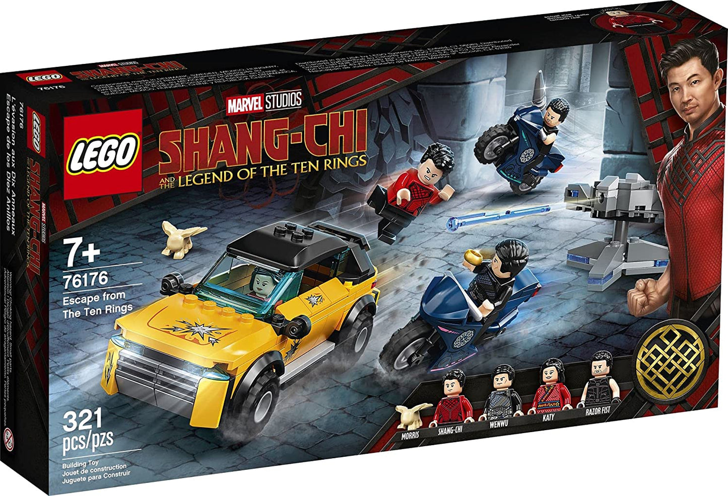 Front view of the LEGO Marvel Shang-Chi Escape from The Ten Rings 76176 box art showing an action-packed high-speed chase scene.