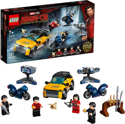 Front view of the LEGO Marvel Shang-Chi Escape from The Ten Rings box and the built set featuring a yellow car, two motorcycles, turrets, and four minifigures.