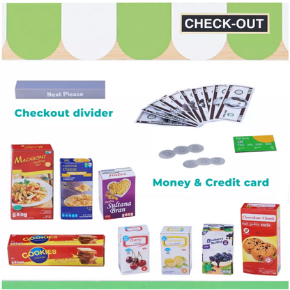 Teamson Kids Cashier Austin Play Market Checkout Counter with 26 Accessories, Green/Natural