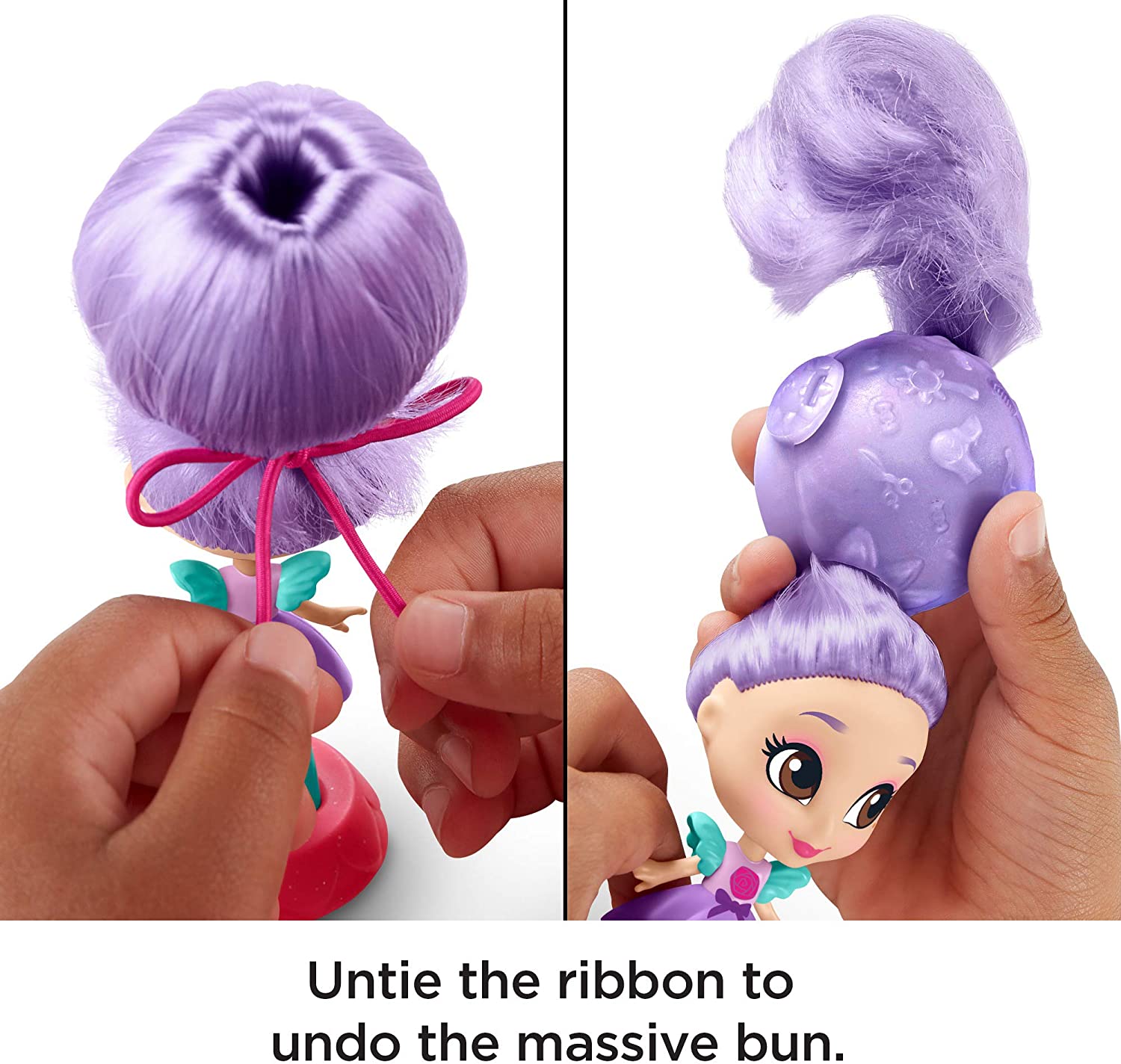 Instructions demonstrating how to untie the ribbon to release Blair's massive bun and reveal hidden hair color.