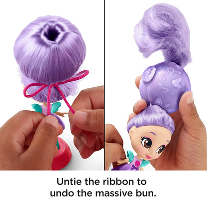 Instructions demonstrating how to untie the ribbon to release Blair's massive bun and reveal hidden hair color.