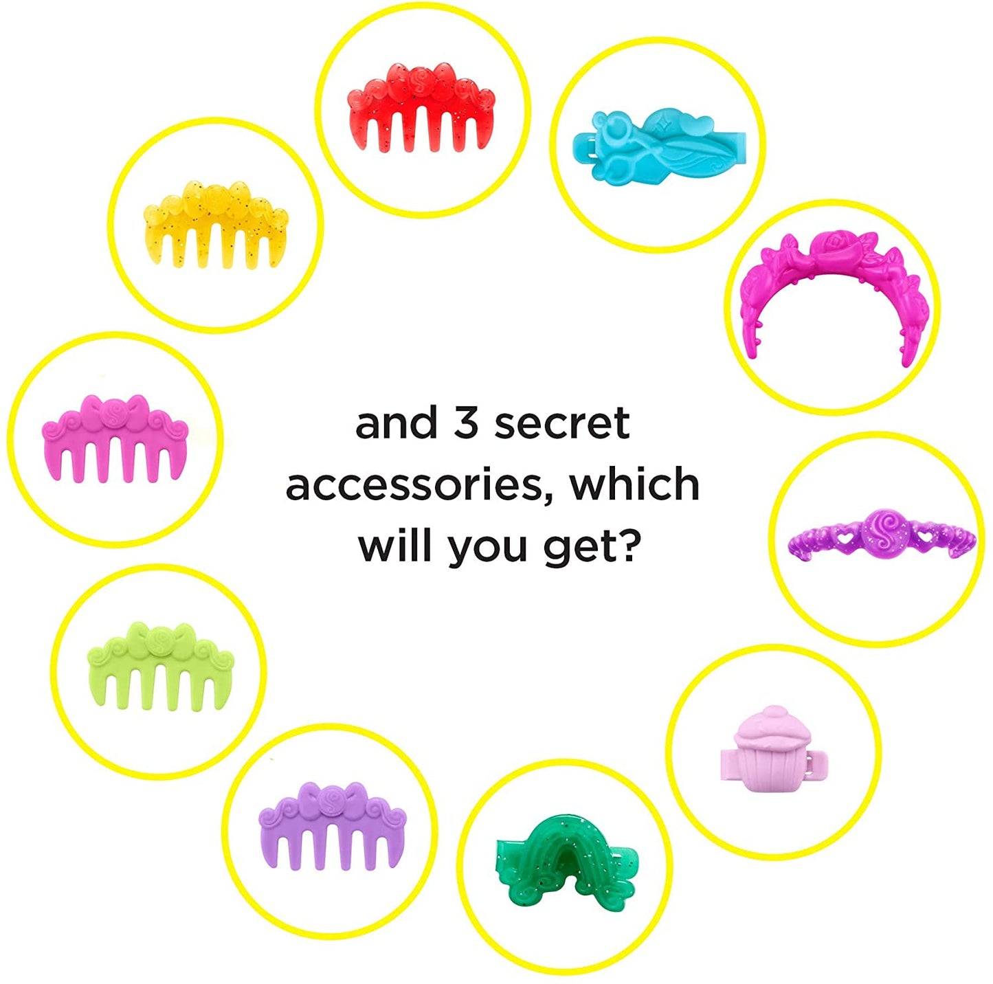 Graphic showing various mystery hair clips, headbands, and accessories available in the surprise set.