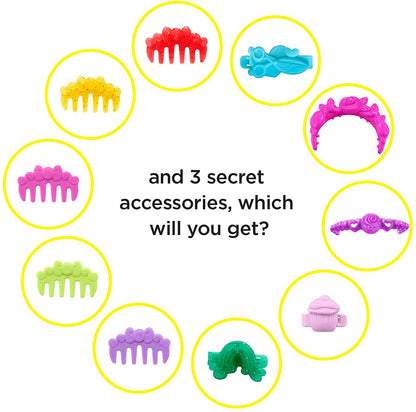 Graphic showing various mystery hair clips, headbands, and accessories available in the surprise set.