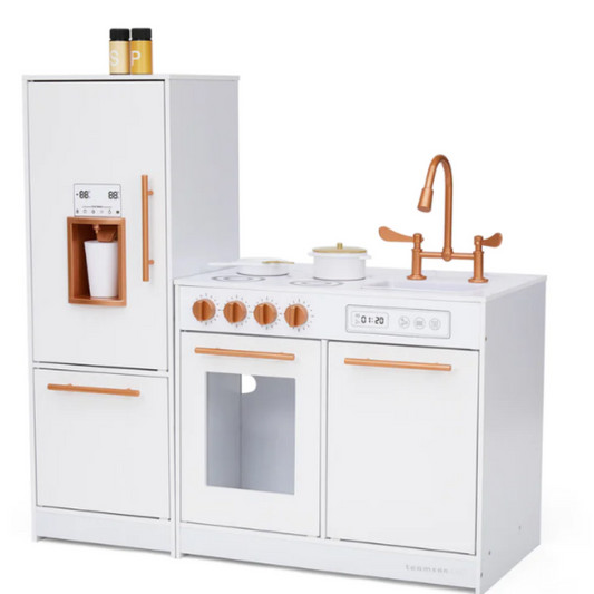 Little Chef Milano Two-Piece Modular Modern Delight Play Kitchen with Cooking Accessories, Faux Marble Finish, & Rose Gold Hardware, White
