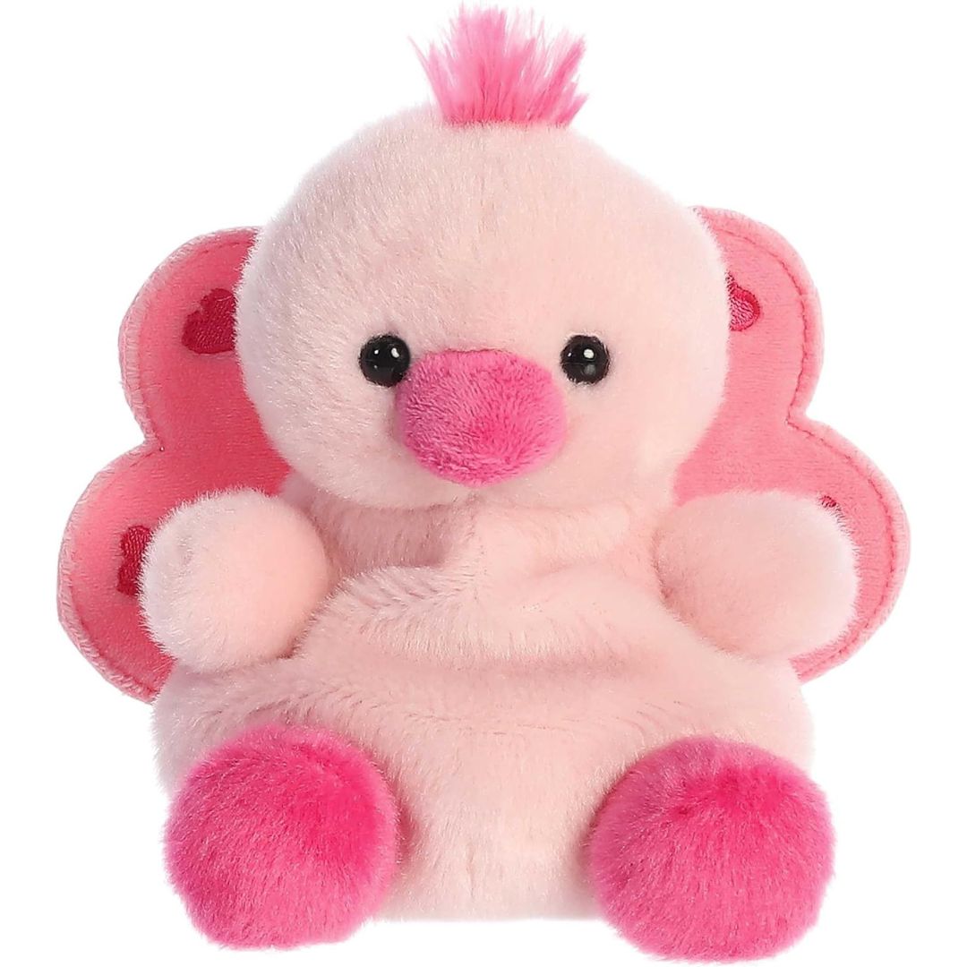 Front view thumbnail of the cute Freya Peacock plush sitting straight, highlighting its dark safety eyes, round hot-pink beak, and tiny outspread pink arms.