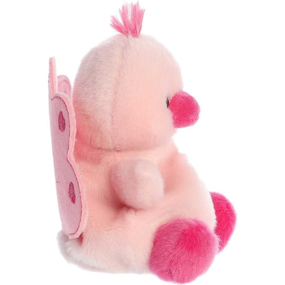 Side profile view thumbnail of the mini peacock plush showcasing its rounded body shape, extended hot-pink beak, and the vertical back profile of her tail feather fan.