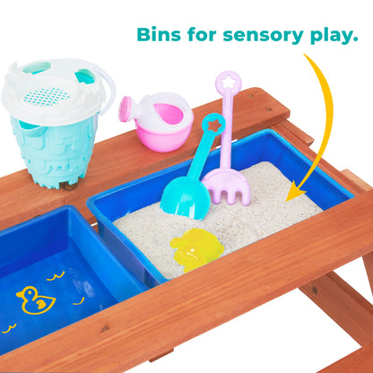 Teamson Kids Outdoor Wooden Picnic Table with 2 Sensory Bins for Sand/Water Play Plus Accessories, Warm Cherry