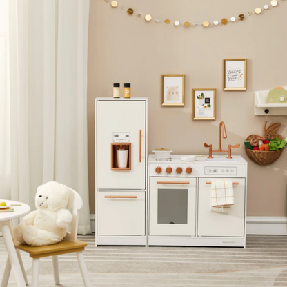 Little Chef Milano Two-Piece Modular Modern Delight Play Kitchen with Cooking Accessories, Faux Marble Finish, & Rose Gold Hardware, White
