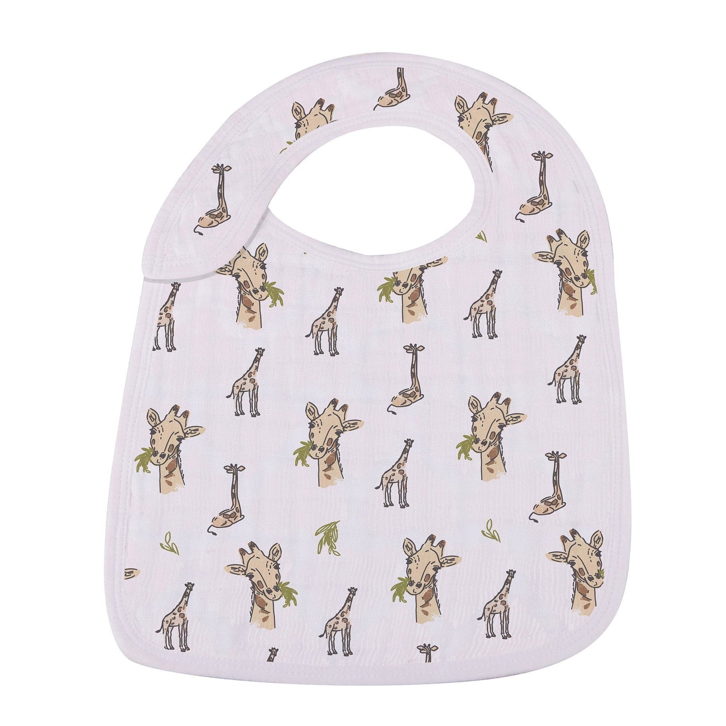 Close-up of the all-over giraffe print cotton muslin snap bib.
