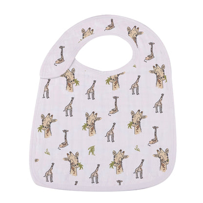 Close-up of the all-over giraffe print cotton muslin snap bib.