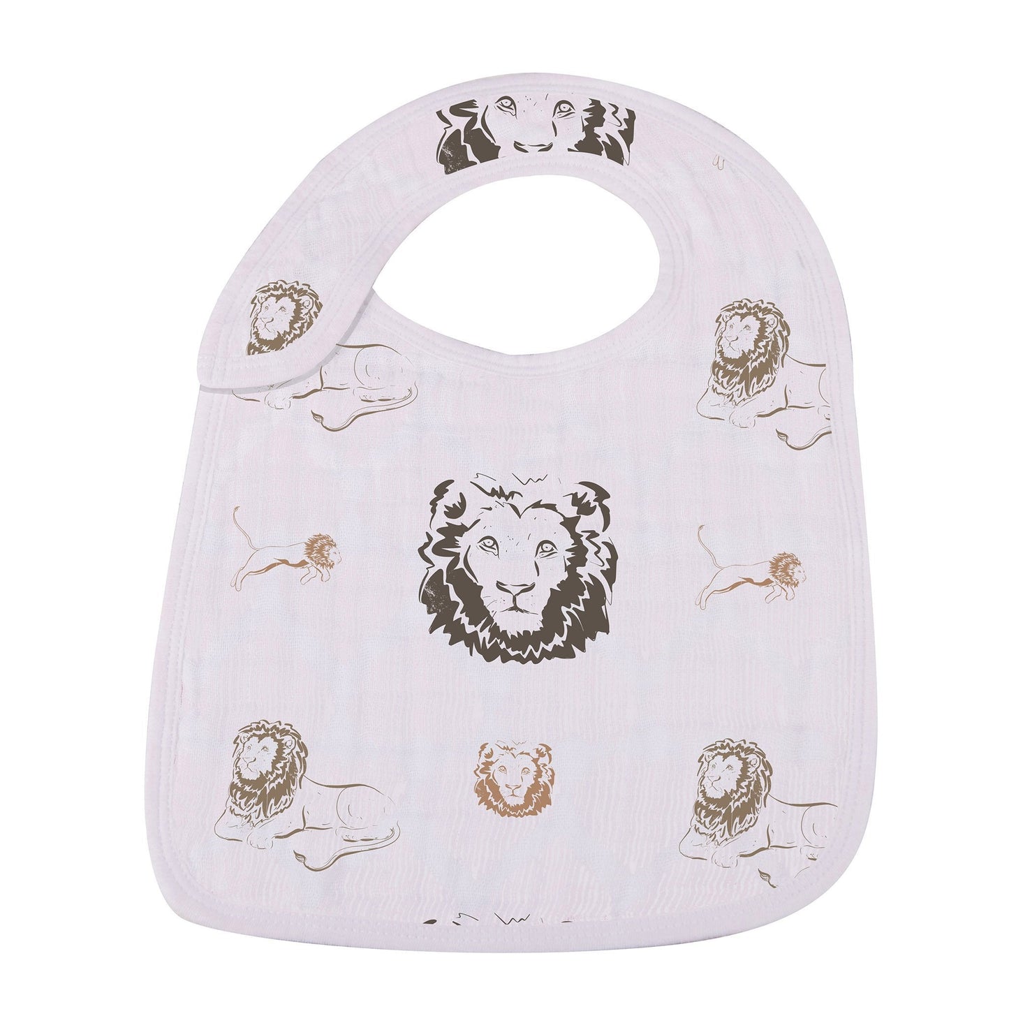 Close-up of the Hear Me Roar lion print snap bib with golden crown accents.