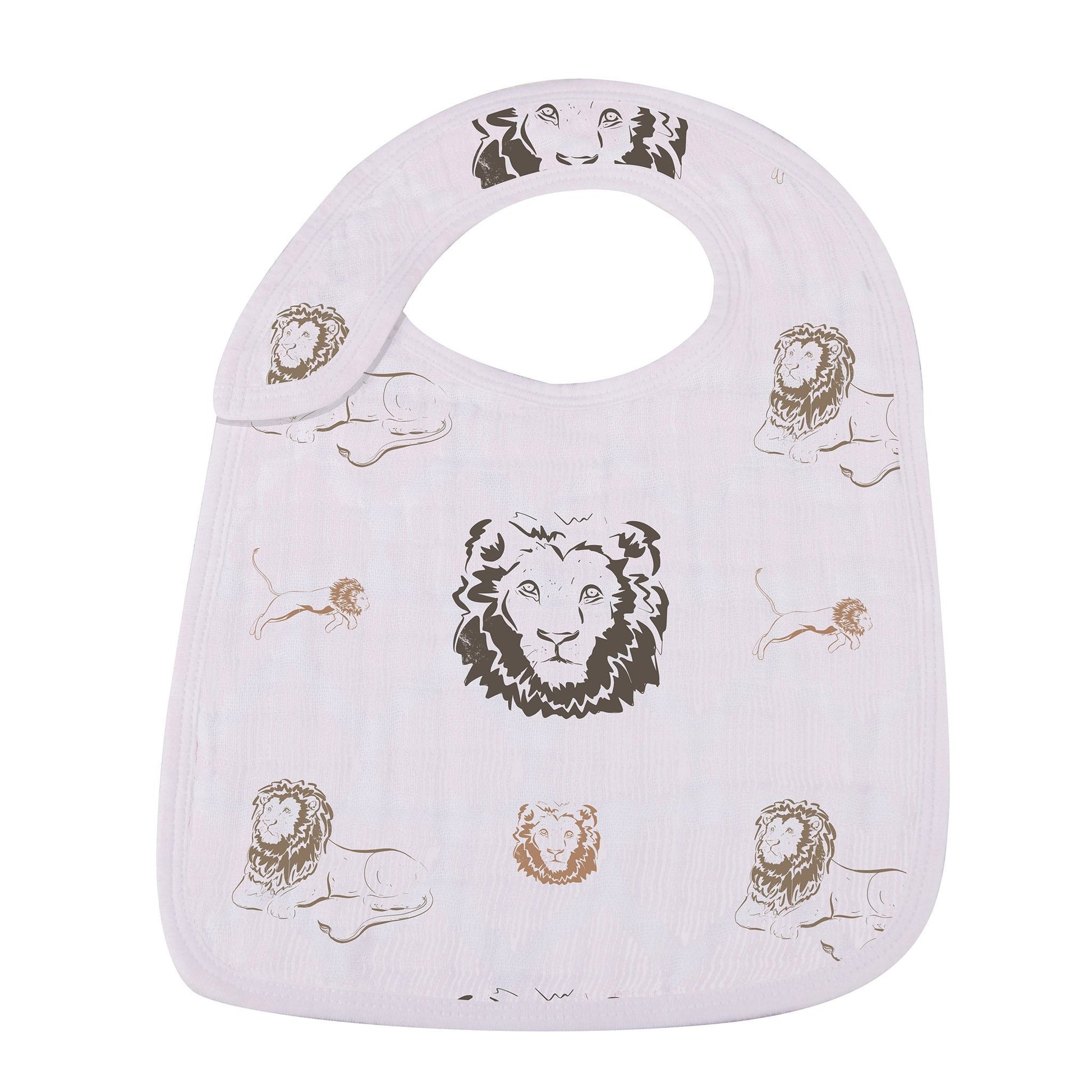 Close-up of the Hear Me Roar lion print snap bib with golden crown accents.