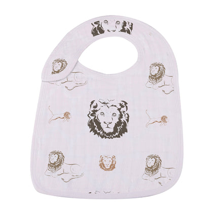 Close-up of the Hear Me Roar lion print snap bib with golden crown accents.